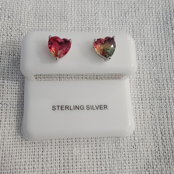 Jewelry - Heart-Shaped Sterling Silver Watermelon Tourmaline Earrings